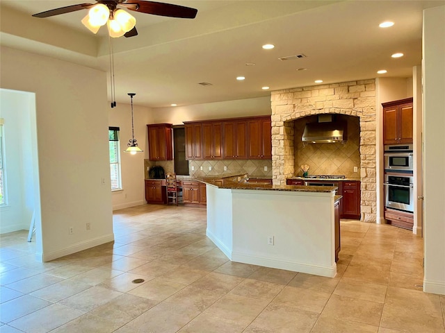 1413 Discovery Bay Dr, Frisco, TX 75036 - kitchen featuring ventilation hood, decorative backsplash, ceiling fan, recessed lighting, and light tile patterned floors
