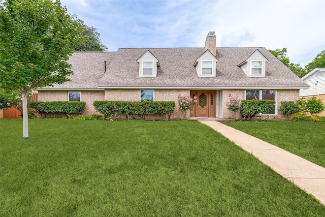 2955 Las Campanas Dr, Farmers Branch, TX 75234 - new england style home with brick siding, a chimney, a shingled roof, and a front lawn