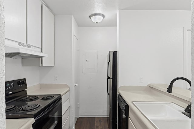 5500 Boca Raton Blvd Unit 327, Fort Worth, TX 76112 - kitchen featuring under cabinet range hood, black appliances, white cabinets, dark wood-style floors, and electric panel