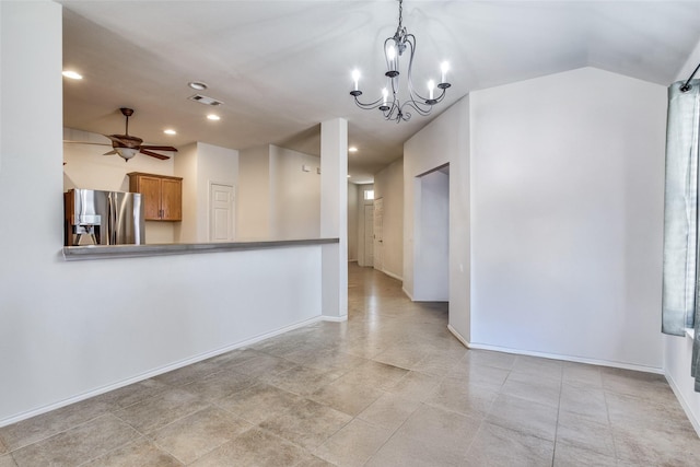 205 Bear Trl, Waxahachie, TX 75165 - unfurnished dining area featuring ceiling fan, a chandelier, recessed lighting, and lofted ceiling