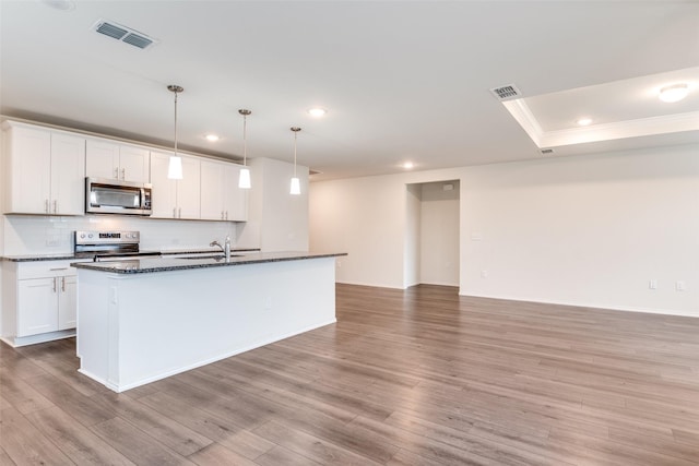 721 Brockwell Bnd, Forney, TX 75126 - kitchen featuring appliances with stainless steel finishes, recessed lighting, light wood-style floors, tasteful backsplash, and a kitchen island with sink
