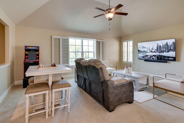 354 Loma Alta Dr, Flower Mound, TX 75022 - living room with ceiling fan, light colored carpet, and high vaulted ceiling