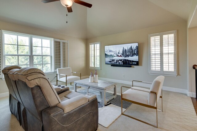 354 Loma Alta Dr, Flower Mound, TX 75022 - living area featuring lofted ceiling, ceiling fan, and plenty of natural light