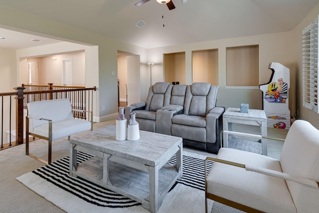 354 Loma Alta Dr, Flower Mound, TX 75022 - living room featuring light colored carpet and ceiling fan