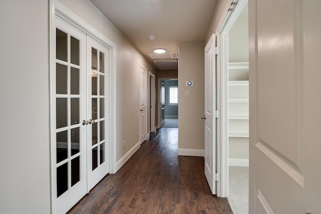 354 Loma Alta Dr, Flower Mound, TX 75022 - hallway with french doors, dark wood-style floors, and attic access