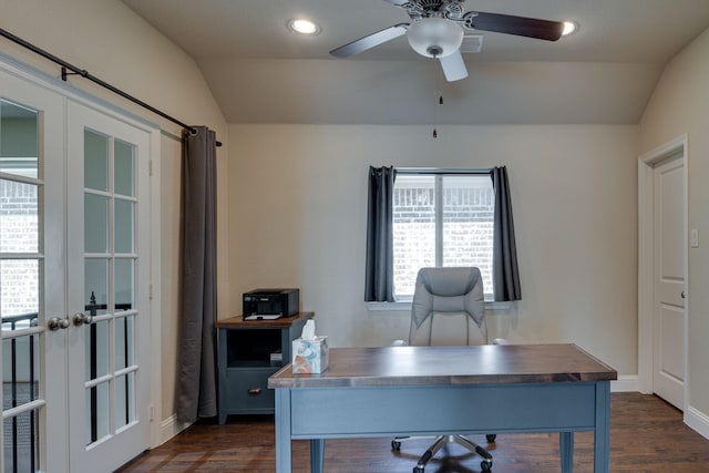 354 Loma Alta Dr, Flower Mound, TX 75022 - office space with lofted ceiling, a ceiling fan, dark wood finished floors, french doors, and recessed lighting