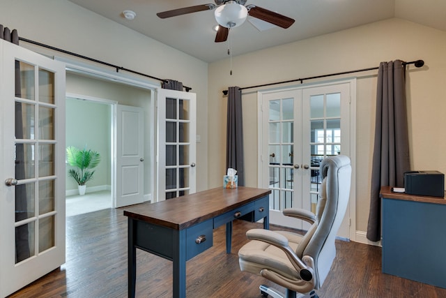 354 Loma Alta Dr, Flower Mound, TX 75022 - home office featuring french doors, a ceiling fan, dark wood-type flooring, and lofted ceiling