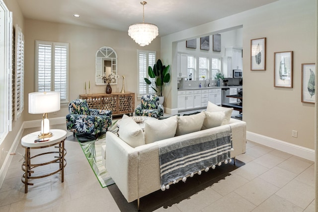 354 Loma Alta Dr, Flower Mound, TX 75022 - living room featuring a chandelier, light tile patterned flooring, and recessed lighting
