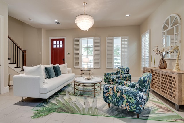 354 Loma Alta Dr, Flower Mound, TX 75022 - living room with a chandelier, stairway, and recessed lighting