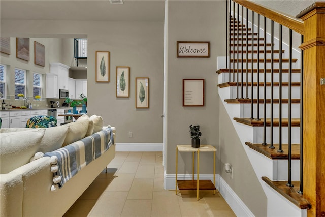 354 Loma Alta Dr, Flower Mound, TX 75022 - living area with stairs and light tile patterned floors