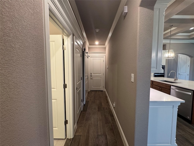 3324 Acorn Hill Trl, Weatherford, TX 76087 - corridor with ornamental molding, a textured wall, dark wood-type flooring, and arched walkways