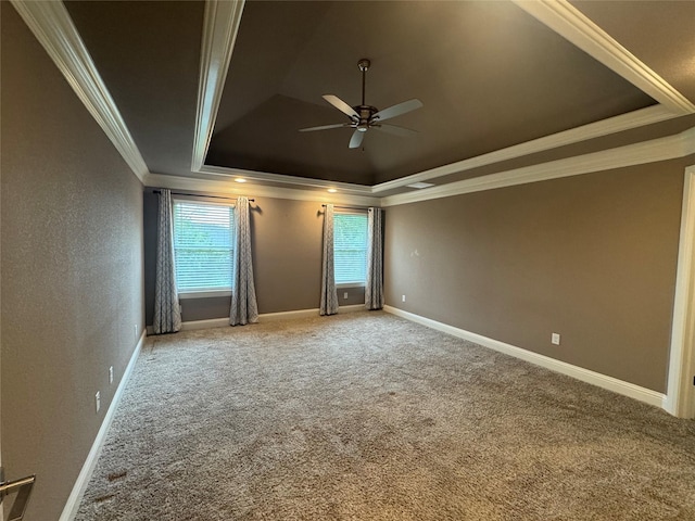 3324 Acorn Hill Trl, Weatherford, TX 76087 - carpeted spare room featuring a tray ceiling, a ceiling fan, and crown molding