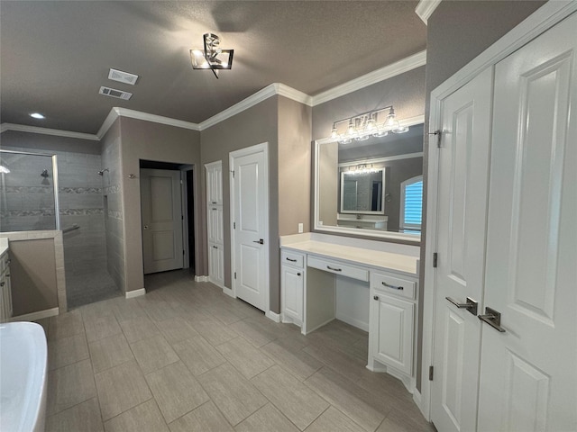 3324 Acorn Hill Trl, Weatherford, TX 76087 - bathroom featuring vanity, walk in shower, and ornamental molding