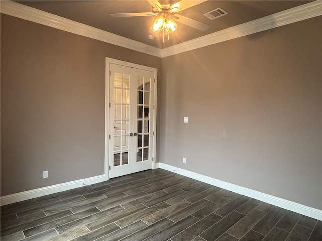 3324 Acorn Hill Trl, Weatherford, TX 76087 - empty room with french doors, wood tiled floors, crown molding, and a ceiling fan