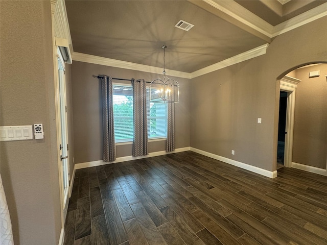 3324 Acorn Hill Trl, Weatherford, TX 76087 - unfurnished dining area with arched walkways, dark wood finished floors, crown molding, and a chandelier