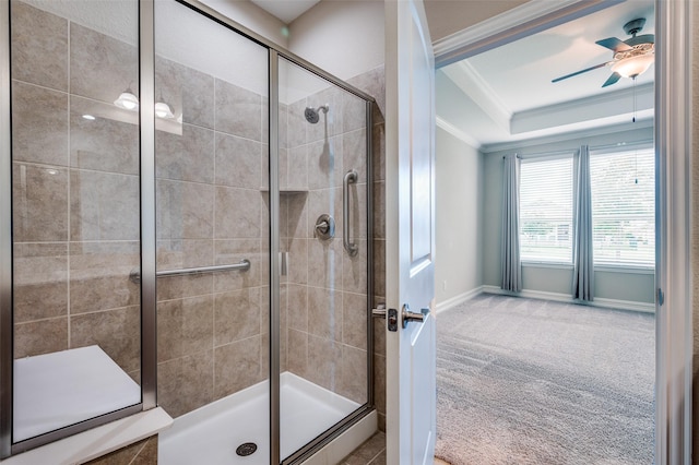 8031 Reservoir Dr, Frisco, TX 75036 - full bath featuring ornamental molding, a stall shower, ceiling fan, and a tray ceiling