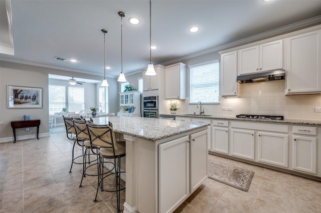 8031 Reservoir Dr, Frisco, TX 75036 - kitchen featuring under cabinet range hood, crown molding, tasteful backsplash, a kitchen island, and stainless steel appliances