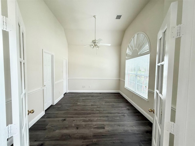 14641 Turnbridge Dr, Frisco, TX 75035 - unfurnished dining area with lofted ceiling, dark wood finished floors, and a ceiling fan