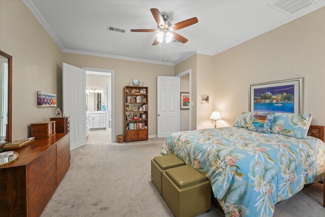 3102 Hidden Springs Dr, Corinth, TX 76210 - bedroom with light carpet, crown molding, ensuite bath, and a ceiling fan