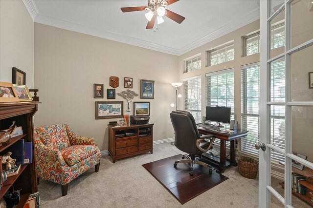 3102 Hidden Springs Dr, Corinth, TX 76210 - office space featuring carpet, ceiling fan, and crown molding