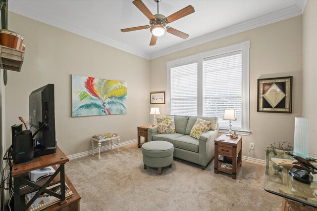 3102 Hidden Springs Dr, Corinth, TX 76210 - living area featuring carpet, a ceiling fan, and crown molding