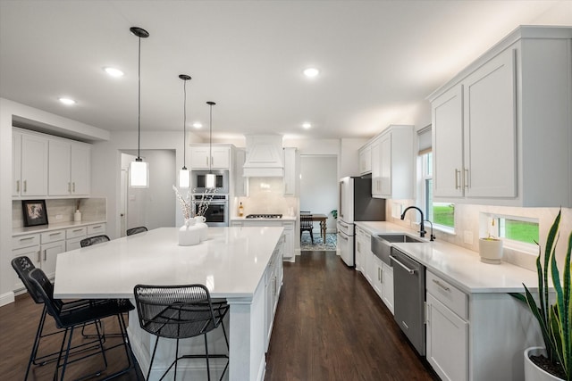 3603 High Dr, Grapevine, TX 76051 - kitchen featuring stainless steel appliances, premium range hood, tasteful backsplash, dark wood finished floors, and recessed lighting