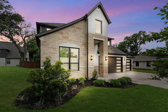 3603 High Dr, Grapevine, TX 76051 - contemporary house featuring stone siding, driveway, a front lawn, and a garage