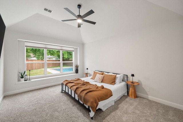 3603 High Dr, Grapevine, TX 76051 - carpeted bedroom featuring vaulted ceiling and ceiling fan