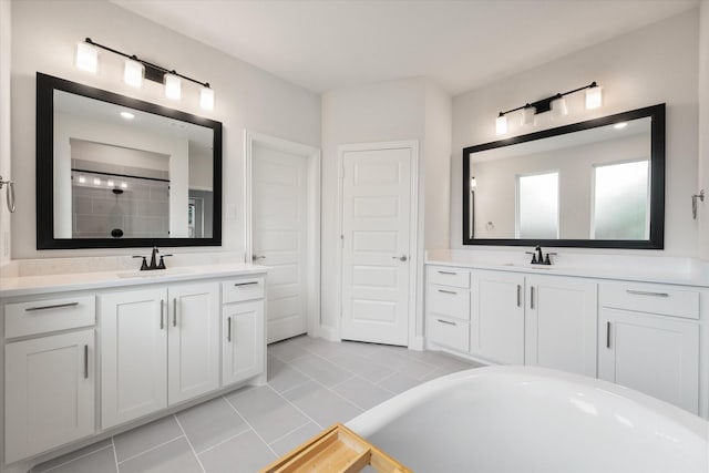 3603 High Dr, Grapevine, TX 76051 - bathroom featuring two vanities, tile patterned flooring, and a tile shower
