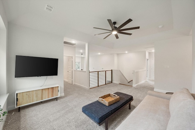 3603 High Dr, Grapevine, TX 76051 - living room featuring ceiling fan, light colored carpet, and recessed lighting