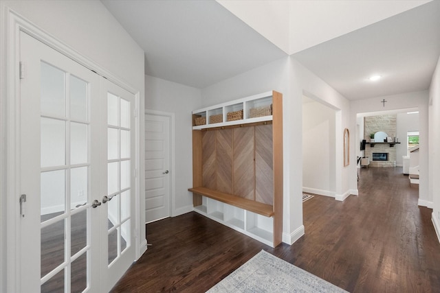 3603 High Dr, Grapevine, TX 76051 - mudroom with wood finished floors, french doors, and a fireplace