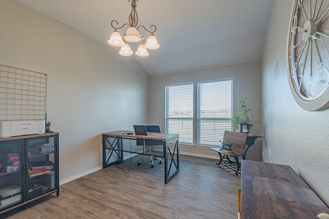 656 Bunk House Dr, Venus, TX 76084 - office area with wood finished floors, vaulted ceiling, and a chandelier