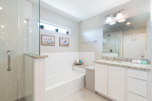 656 Bunk House Dr, Venus, TX 76084 - full bathroom with a stall shower, vanity, a bath, and tile patterned floors