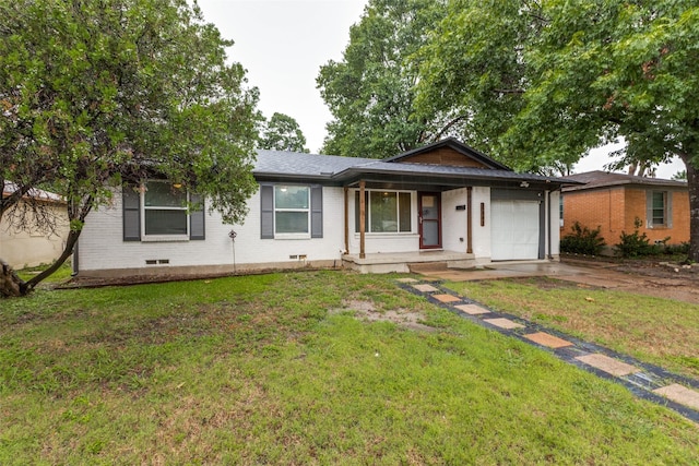 3641 La Prada Dr, Mesquite, TX 75150 - ranch-style house featuring covered porch, a garage, brick siding, concrete driveway, and a front lawn