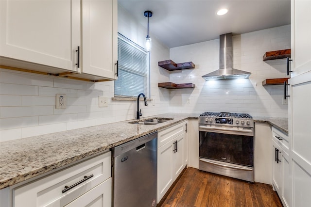 3641 La Prada Dr, Mesquite, TX 75150 - kitchen featuring appliances with stainless steel finishes, open shelves, wall chimney range hood, white cabinets, and recessed lighting