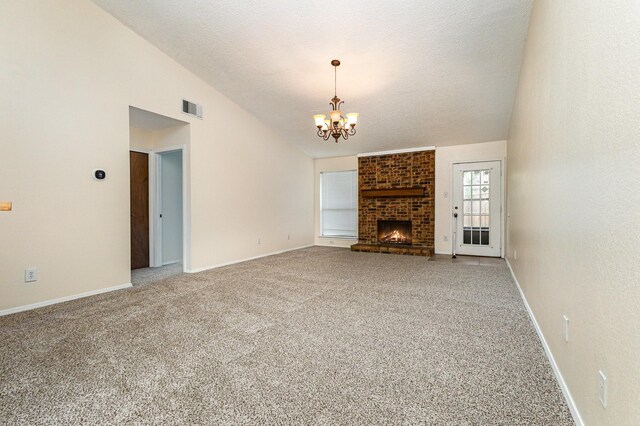 2114 Norway Dr, Garland, TX 75040 - unfurnished living room featuring a textured ceiling, a chandelier, carpet floors, and a brick fireplace