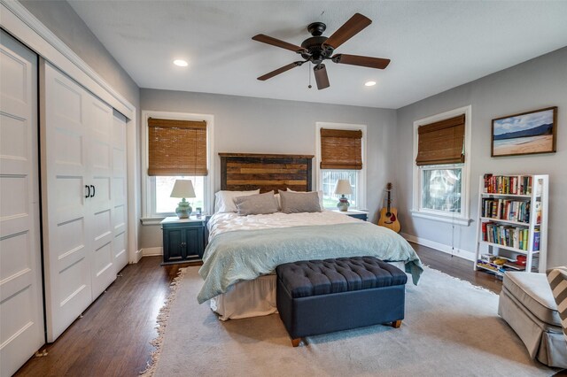 6201 Reiger Ave, Dallas, TX 75214 - bedroom with dark wood finished floors, recessed lighting, a closet, and ceiling fan