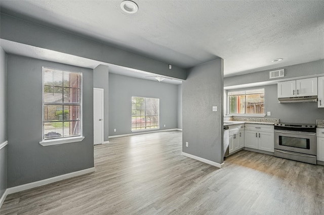 2415 Sunflower Dr, Arlington, TX 76014 - kitchen featuring appliances with stainless steel finishes, under cabinet range hood, plenty of natural light, light wood finished floors, and a textured ceiling