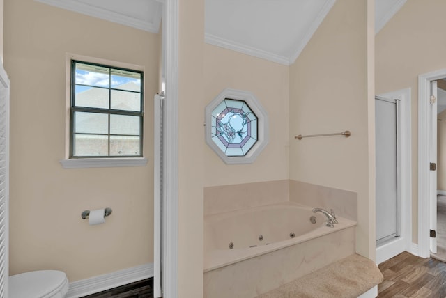 9841 Freedoms Way, Keithville, LA 71047 - bathroom with crown molding, a stall shower, a tub with jets, and wood finished floors