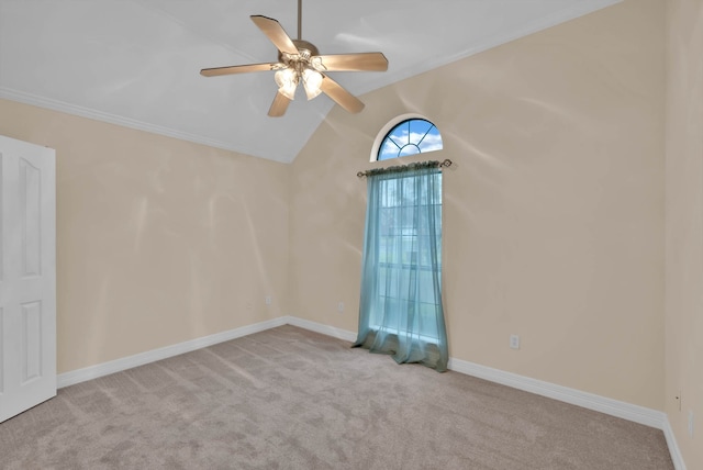 9841 Freedoms Way, Keithville, LA 71047 - carpeted spare room featuring a ceiling fan, vaulted ceiling, and ornamental molding
