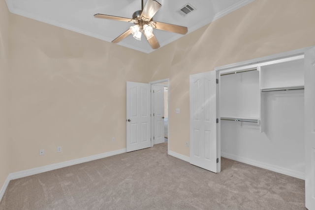 9841 Freedoms Way, Keithville, LA 71047 - unfurnished bedroom with ornamental molding, carpet flooring, a closet, and ceiling fan