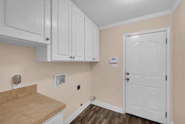 9841 Freedoms Way, Keithville, LA 71047 - washroom featuring cabinet space, hookup for an electric dryer, hookup for a washing machine, dark wood-style floors, and crown molding