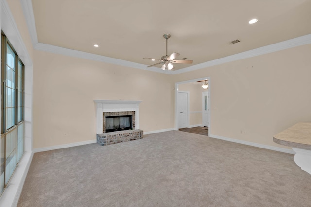 9841 Freedoms Way, Keithville, LA 71047 - unfurnished living room featuring a ceiling fan, carpet, ornamental molding, a fireplace, and recessed lighting