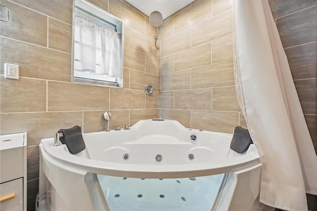 8434 Sweetwood Dr, Dallas, TX 75228 - full bathroom featuring tile walls and a combined bath / shower with jetted tub