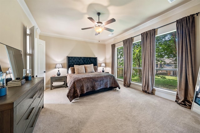 5048 Exposition Way, Fort Worth, TX 76244 - bedroom with light carpet, ornamental molding, multiple windows, and ceiling fan
