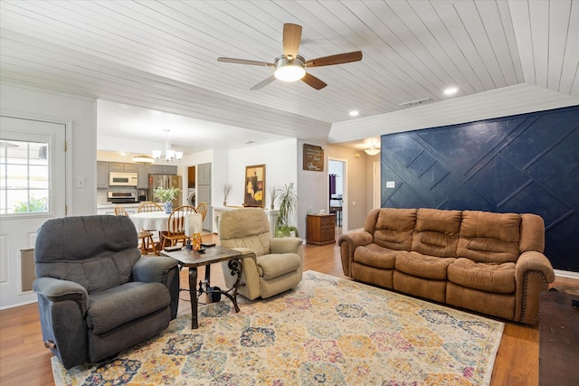 213 NE Alsbury Blvd, Burleson, TX 76028 - living area with wooden ceiling, a chandelier, light wood-style floors, a ceiling fan, and recessed lighting