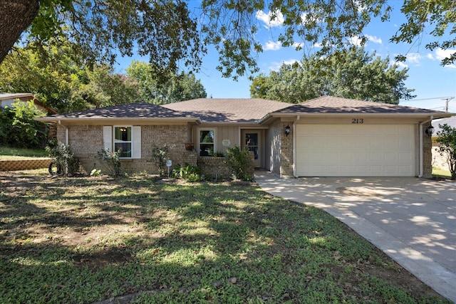 213 NE Alsbury Blvd, Burleson, TX 76028 - ranch-style home featuring brick siding, an attached garage, driveway, a front lawn, and a shingled roof