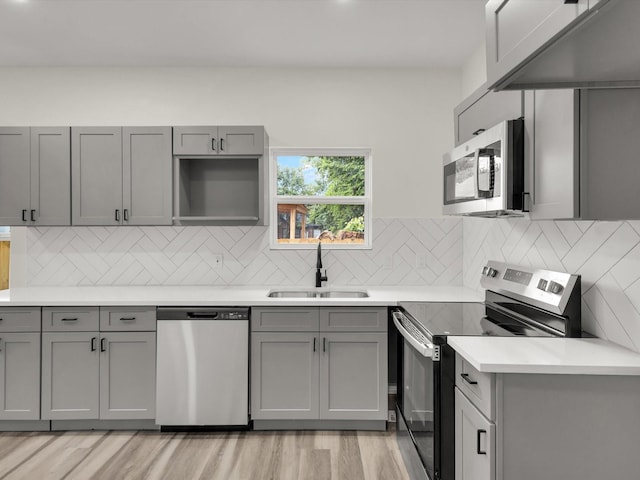 3526 Elsie Faye Heggins St, Dallas, TX 75210 - kitchen with appliances with stainless steel finishes, gray cabinetry, light countertops, and light wood-style flooring
