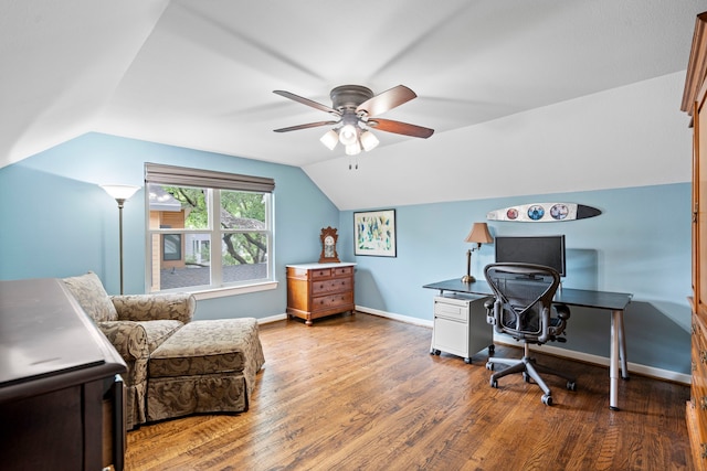 8928 Aldwick Cir, Dallas, TX 75238 - office area featuring a ceiling fan, wood finished floors, and vaulted ceiling