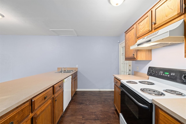 123 Austin Stone Dr, Duncanville, TX 75137 - kitchen with range with electric cooktop, under cabinet range hood, white dishwasher, light countertops, and dark wood-type flooring
